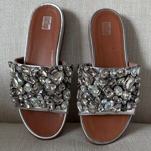 Fitflop Silver Gracie Crystal Rhinestone Gemstone Embellished Slide Sandals